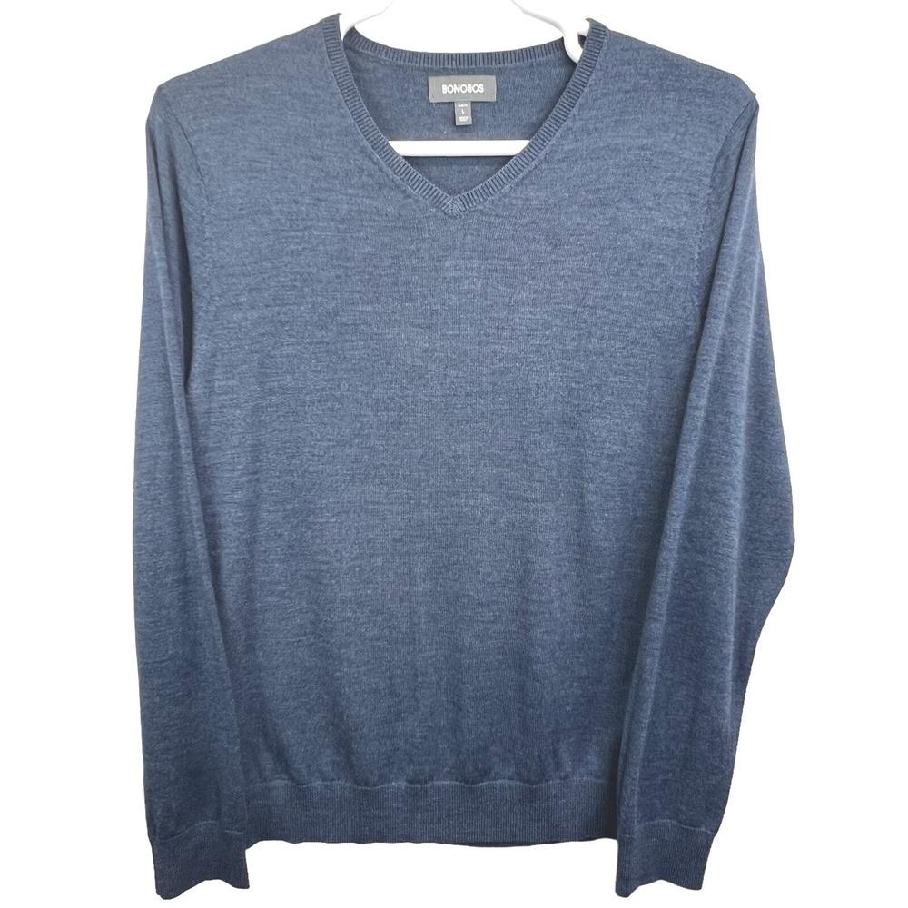 Bonobos V-Neck Sweater Mens L Blue Slim‎ Fit Extra Fine Merino Wool Lightweight
